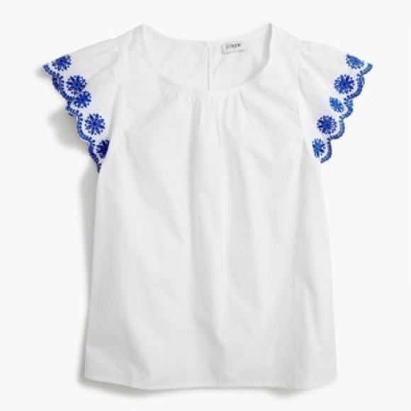 J. Crew Tops - J. Crew embroidered flutter sleeve top white with blue scalloped sleeves Small